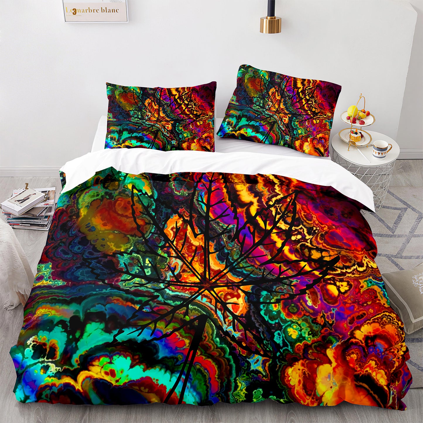 Parure de lit avec housse de couette et taies d'oreiller Motif feuille d'érable Housse de couette chic King Size pour adolescents et adultes FY3005