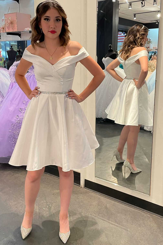 Princess White Off-the-Shoulder A-Line Short Homecoming Dress  gh1426