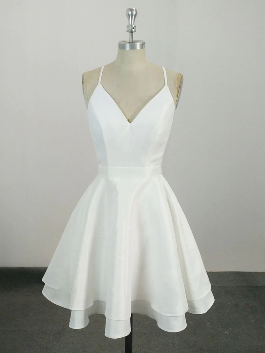 White v neck satin lace short prom dress, formal dresses, white homecoming dress gh813