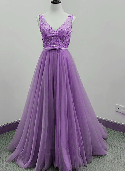 Beautiful Long Light Purple V-Neckline Party Dress, Prom Dress gh413