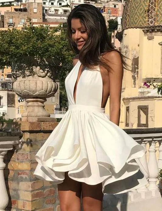 Deep V Neck White Short Homecoming Dresses Party Dresses gh826