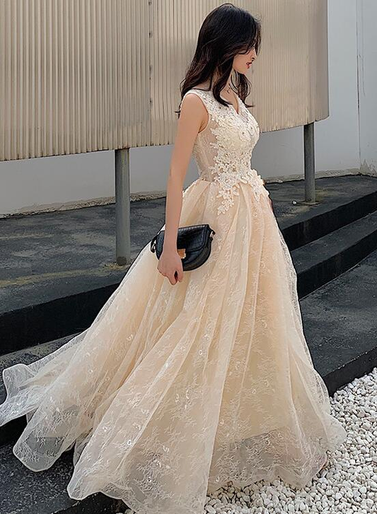 Robe de soirée longue en tulle à décolleté en V et dentelle champagne, robe de bal, robe de soirée en dentelle trapèze gh79