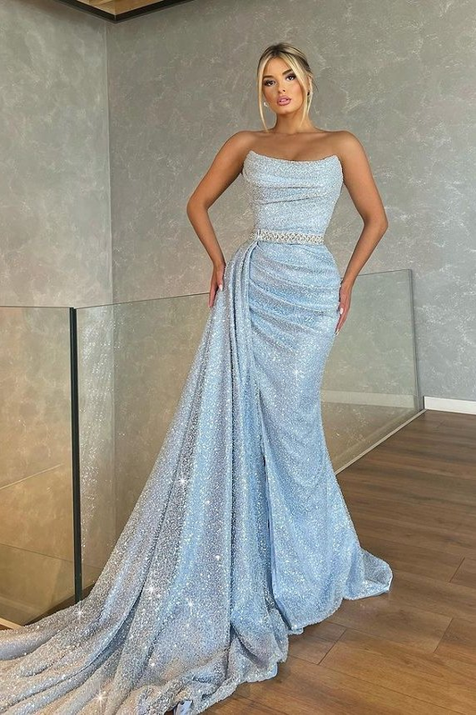 Baby Blue Strapless Sleeveless Beadings Mermaid Prom Dress With Sequins  gh781