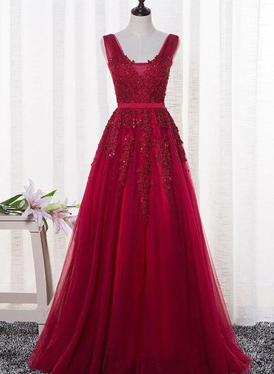 Bezauberndes weinrotes Brautjungfernkleid, Partykleid mit V-Ausschnitt und Spitze gh541