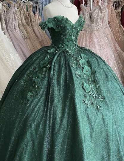 Off The Shoulder Green Ball Gown With Flowers Sweet 16 Dress   gh919