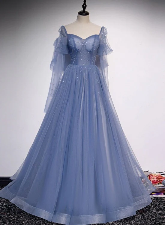 Blue Tulle Beaded Sweetheart Unique Long Prom Dress, Blue Evening Dress Formal Dress  gh103