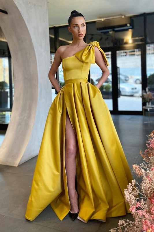 Yellow One-Shoulder Prom Dress Split With Pockets gh755