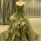 Robe de soirée longue en organza à volants, élégante, à bretelles spaghetti, verte/bleue, robe de bal, robe de quinceanera, gh903