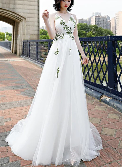 Beautiful White Straps Cross Back Long Tulle Formal Gown, Sexy Party Gown gh576