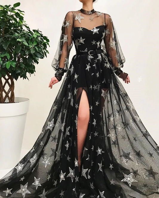 Black High Neck Sparkly Long Sleeve Unique Prom Dress Gorgeous Evening Gowns  gh871