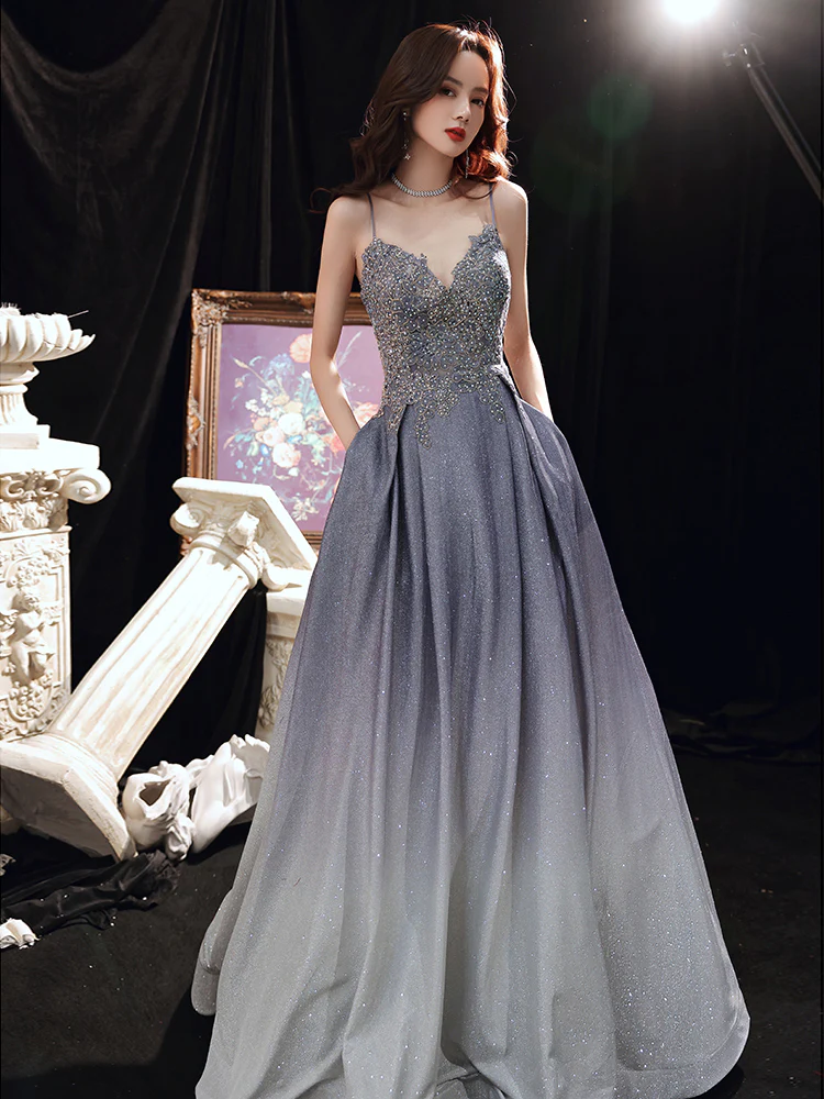 Beautiful Lavender Gradient Beaded Straps Long Formal Dress, A-Line Low Back Prom Dress  gh110