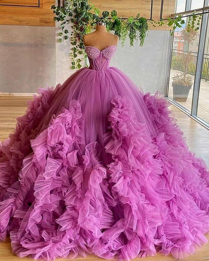 Robe de soirée plissée en tulle à volants et corsage en perles violet chérie gh951