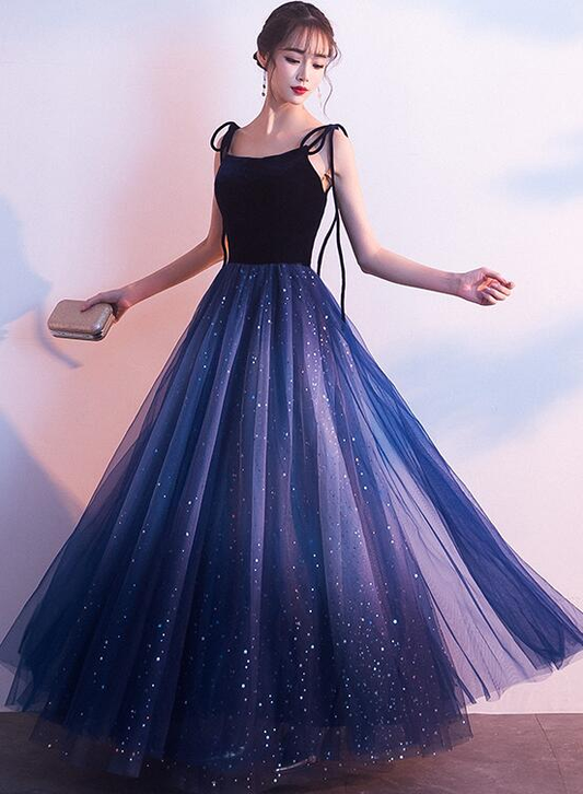 Robe de soirée longue en tulle bleu avec bretelles en velours, superbe robe de soirée gh551