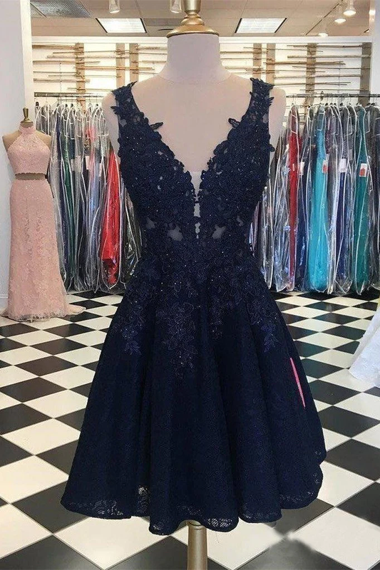 Dark Navy Lace Homecoming Kleider V-Ausschnitt Applizierte Günstige Kurze Ballkleider gh818