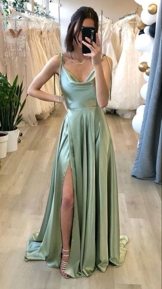 Robe de demoiselle d'honneur fendue vert sauge gh1064