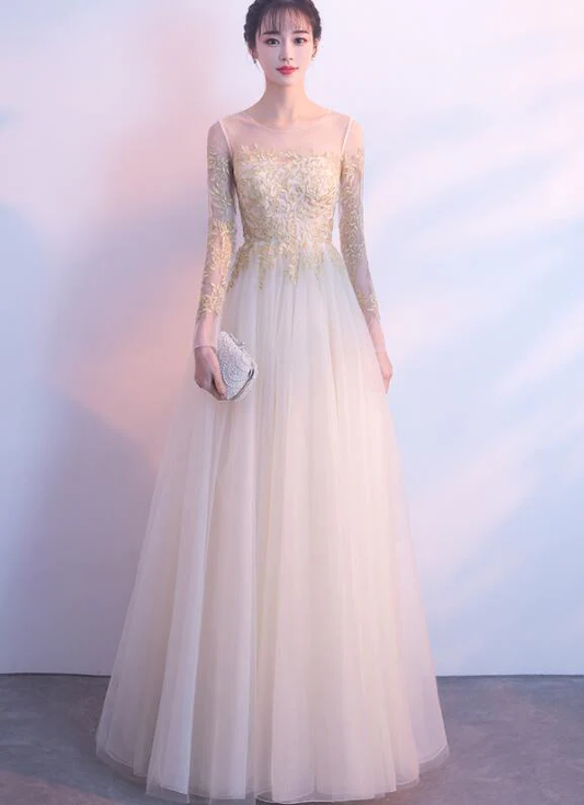 Beautiful Light Champagne Long Sleeves With Gold Applique, Charming Formal Gowns gh588