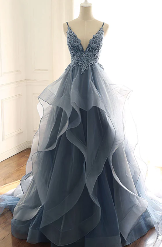 Robe de soirée longue en tulle et dentelle à col en V bleu gh970