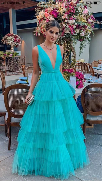 Robe de bal trapèze en tulle à col en V et longueur au sol gh980