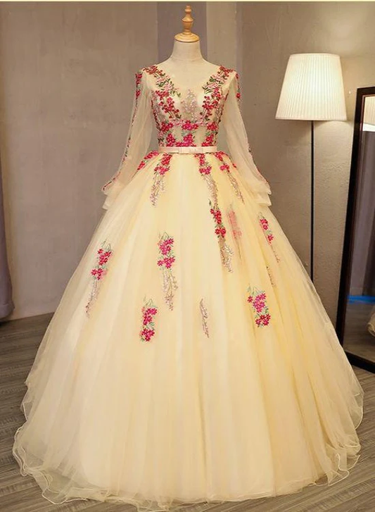 Beautiful Light Yellow Long Sleeves Quinceanera Dress, Ball Gown Sweet 16 Dress gh287