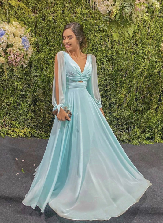 Robe de soirée longue en mousseline de soie à col en V bleu gh832