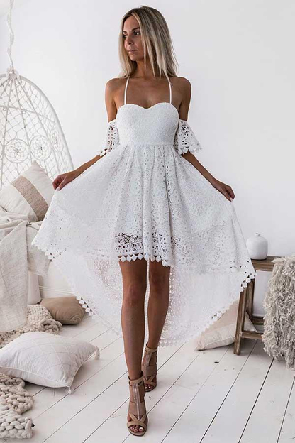 A-Line Straps Off-The-Shoulder High Low White Lace Homecoming Dress  gh827