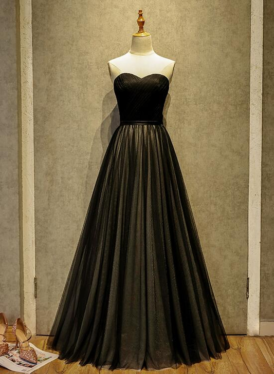 Simple Black Sweetheart A-Line Long Tulle Party Dress, Black Evening Gown  gh173