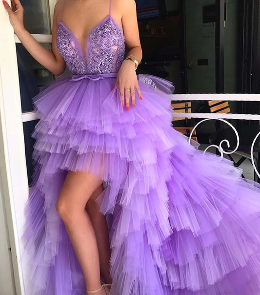 Robe de soirée longue en tulle violet à bretelles spaghetti et col en V avec perles appliquées gh982