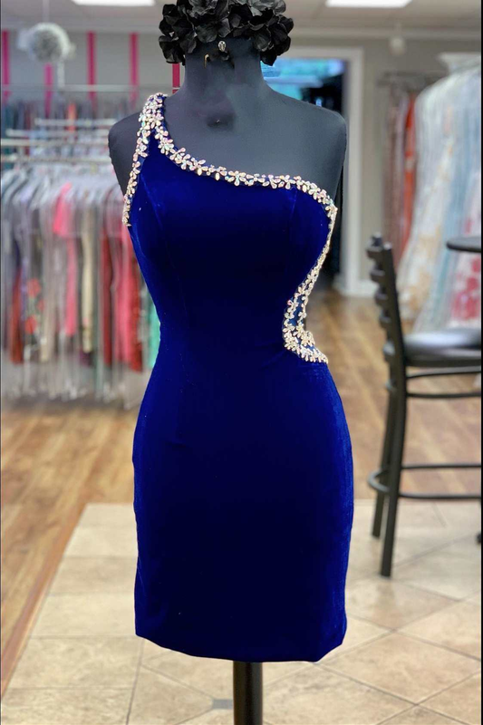 Royal Blue Velvet One-Shoulder Beaded Short Homecoming Dress gh1569