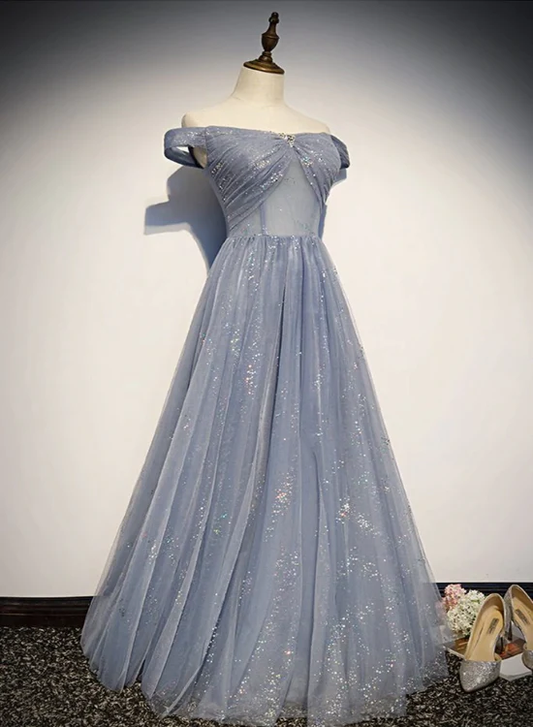 Beautiful Long Strapless Blue Tulle Beaded Long, A Line Off Shoulder Prom Dress gh7