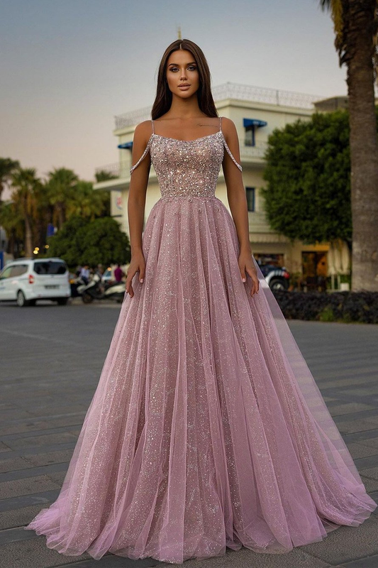 Spaghetti-Straps Tulle A-Line Long Prom Dress With Sequins Beads gh661