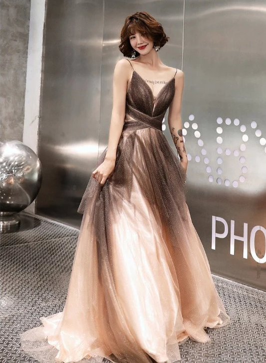 Unique Tulle V-Neckline Straps A-Line Gradient Party Dress, Tulle Long Evening Dress Prom Dress gh88