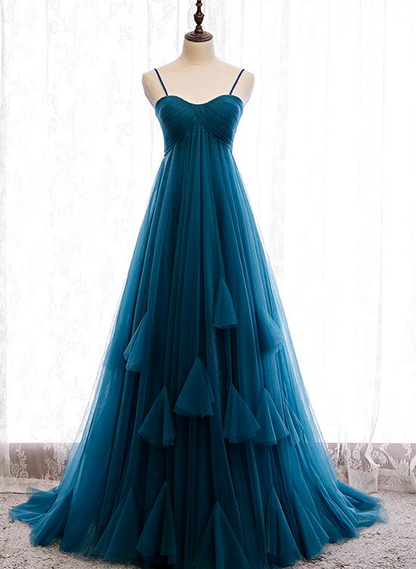 Beautiful Teal Blue Tulle Straps Long High Waist Prom Dress, Blue Evening Party Dresses gh18