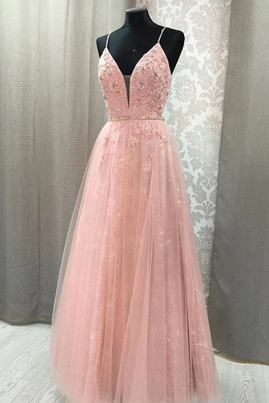 Robe de bal longue en dentelle blush à bretelles spaghetti et col en V et dos ouvert gh1018