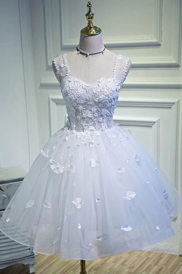 Simple Sweetheart White Lace up Beads Lace Appliques Tulle Straps Homecoming Dresses  gh985