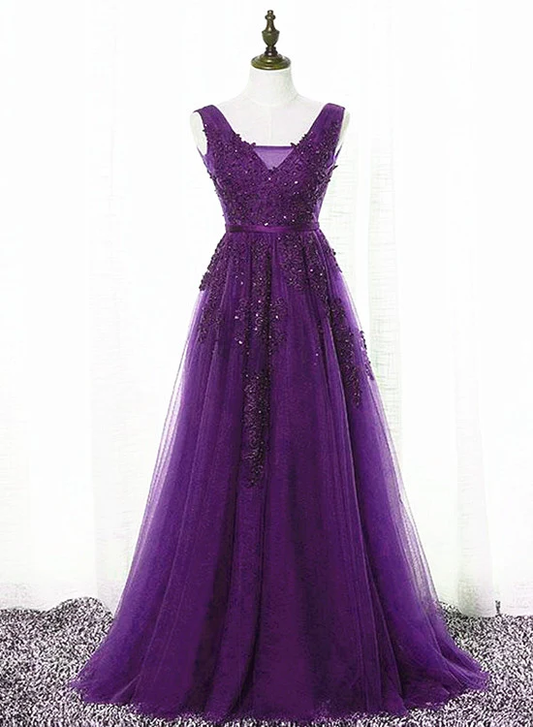 Beautiful Purple Tulle A-Line Party Dress, Long Bridesmaid Dress gh305