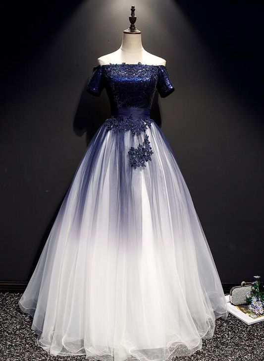 Charmante robe de soirée en tulle dégradé bleu marine avec appliques en dentelle, robe formelle à manches courtes gh502