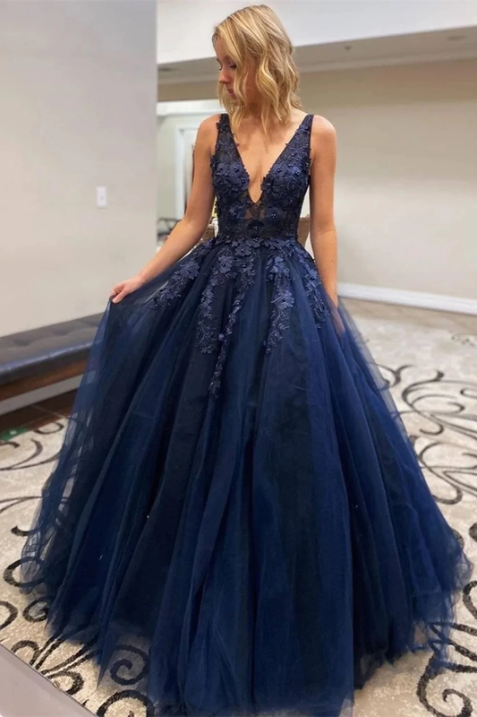 Robe de soirée longue en dentelle bleu foncé avec col en V et perles, robe de soirée formelle en dentelle bleu foncé gh1163