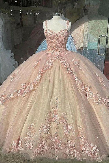 Quinceanera Sweet Tulle Ball Gown 16 Lace Pink Party Flower Sparkly Pr –  girlhomeshops