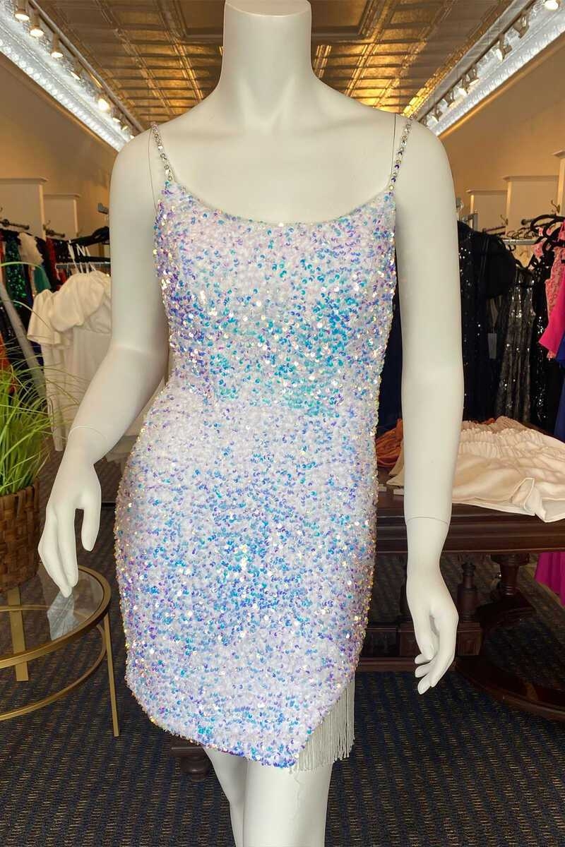 White Iridescent Sequin Straps Tassel Mini Party Dress gh1338