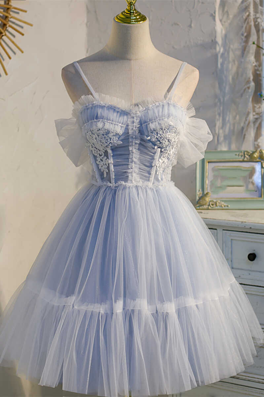 Dreamy Sky Blue Spaghetti Straps Bow-Back Short Party Dress gh1386