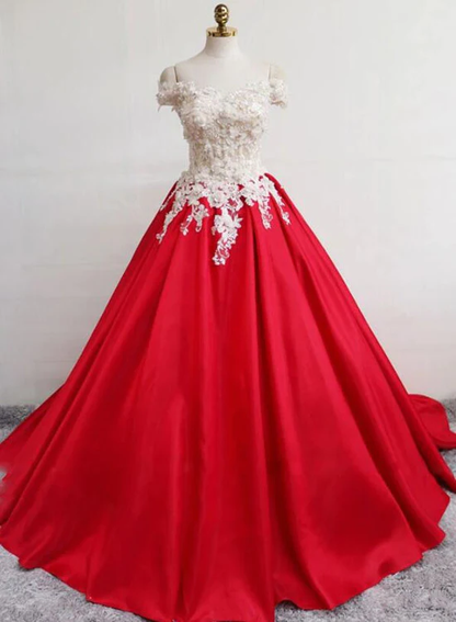 Beautiful Red Stain Off Shoulder Floor Length Party Dress With Applique, Party Dress gh452