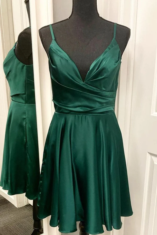 Green Satin V-Neck Straps Skater Dress gh1457