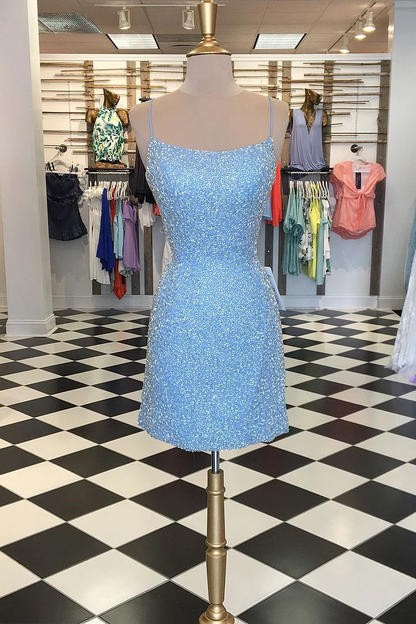 Sky Blue Sequin Lace-Up Back Short Dress gh1470