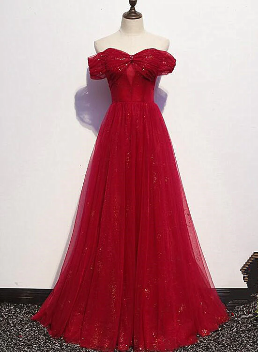 Beautiful Dark Red A-Line Off Shoulder Prom Gown, Wine Red Party Dress  gh402