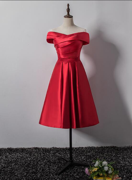 Süßes rotes schulterfreies Heimkehrkleid aus Satin, Rotes Heimkehrkleid gh449