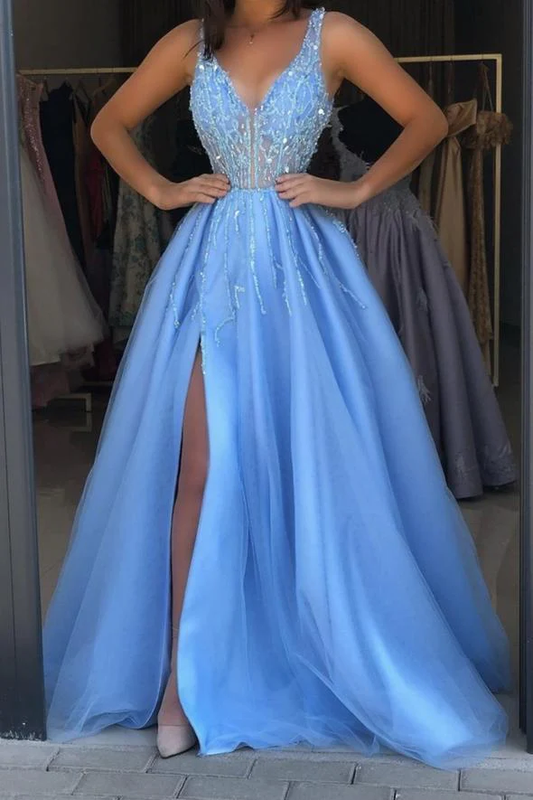 Sky Blue Prom Dress with Slit, Evening Dress, Formal Dresses gh1099