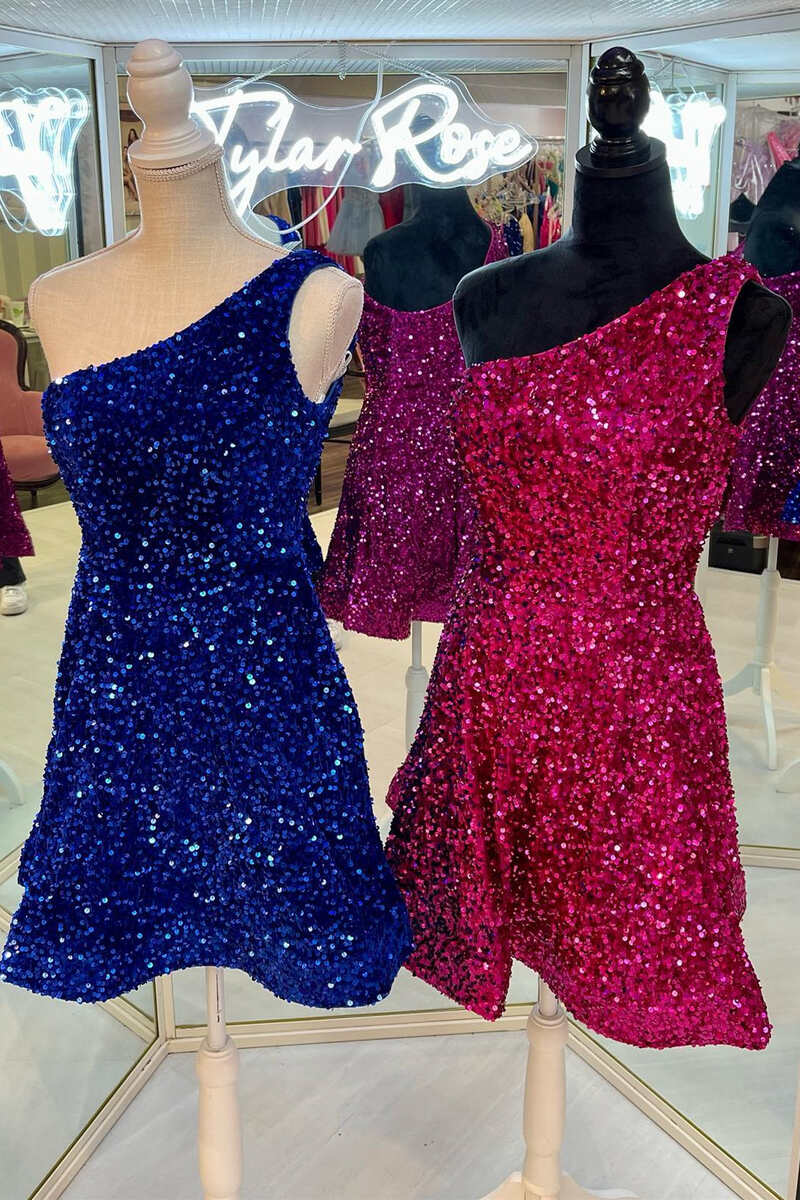 Sequin One-Shoulder A-Line Short Cocktail Gown gh1278