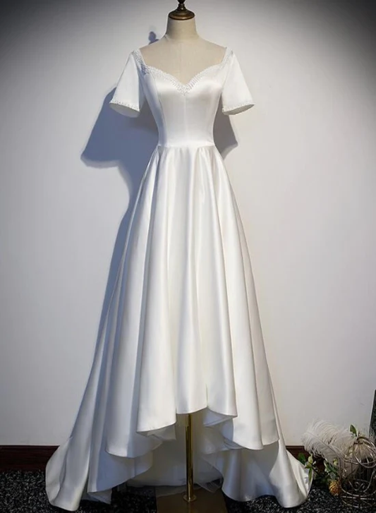 White Simple Beaded Short Sleeves High Low Wedding Party Dress, White Party Dress gh58