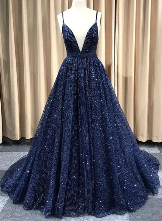 Robe de soirée longue brillante bleu marine à col en V et ligne A, charmante robe de soirée en tulle bleu gh115