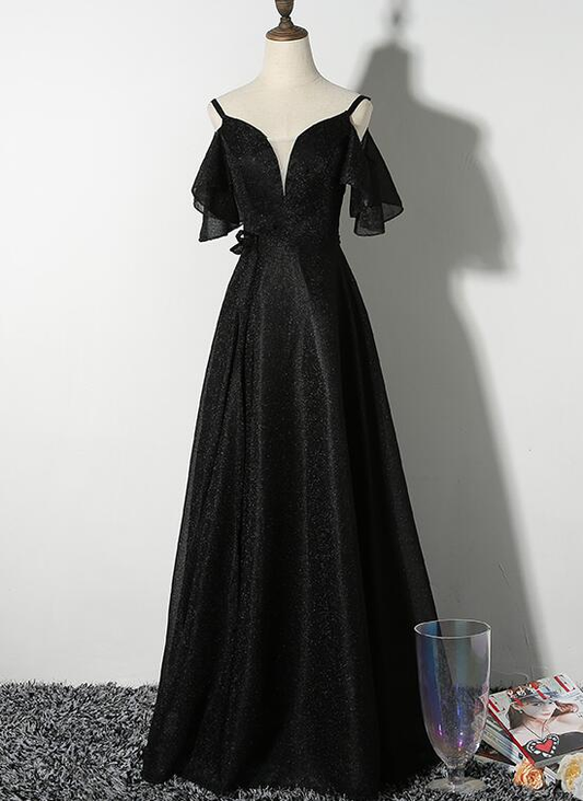 Beautiful Black Straps V-Neckline Long Party Dress, Black Formal Gown  gh324